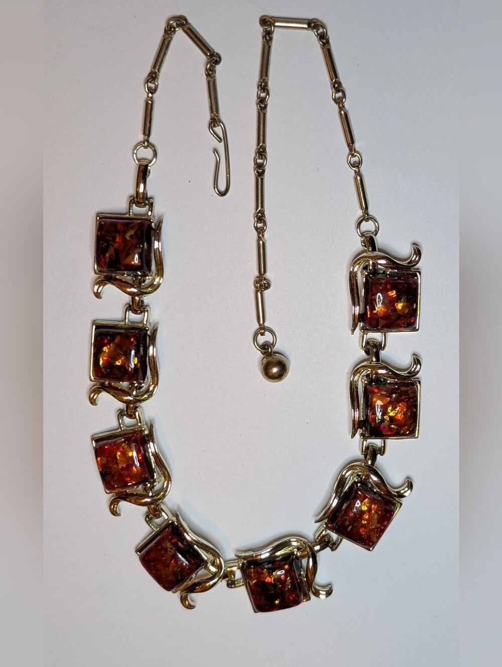 Coro Signed Pegasus Amber Foil Glass Square Panel Link Choker Necklace